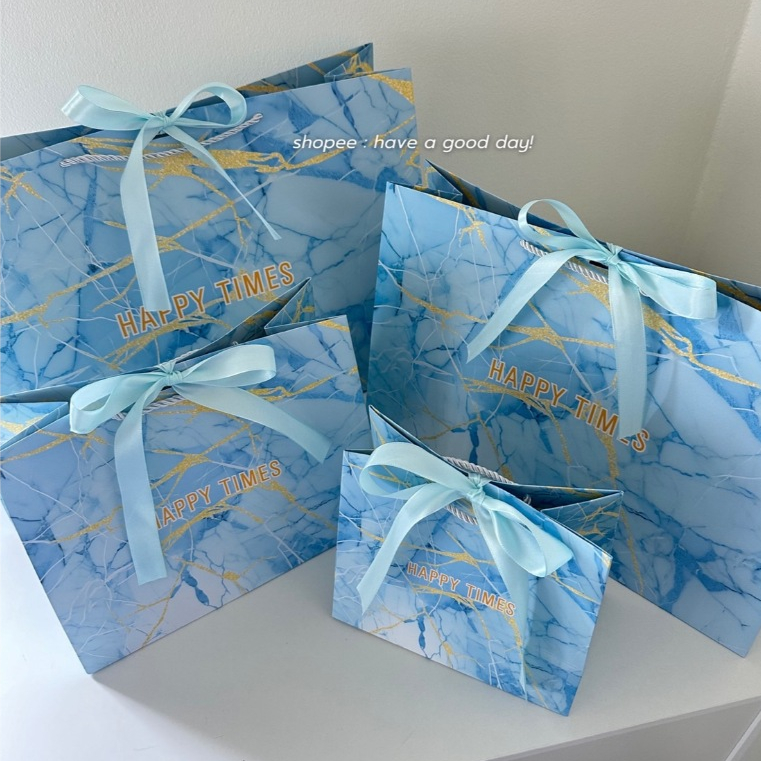 ถุงกระดาษ Happy time สีฟ้า น้ำแข็ง ถุงของขวัญ พร้อมโบว์