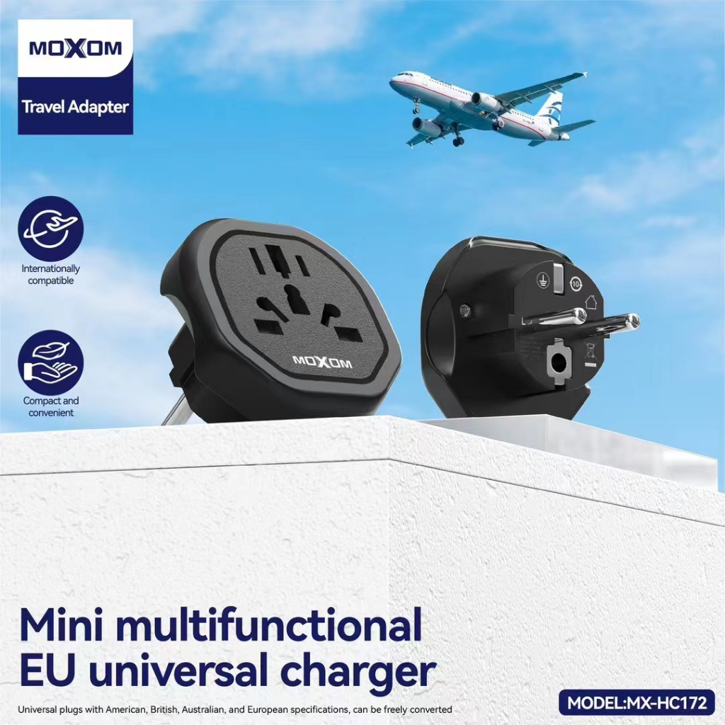 MOXOM Universal Travel Adapter - รองรับปลั๊กทั่วโลก 150+ ประเทศ, 10A รองรับแรงดันไฟฟ้าหลากหลาย, ใช้งานง่ายและสะดวกสำหรับ