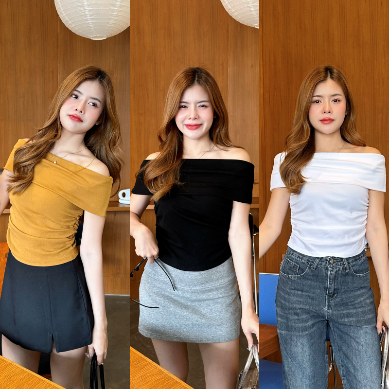 เสื้อปาดไหล่ แต่งย่นข้าง ผ้ายูนิโค่ 🔔 ใส่ออกงานได้ ทรงสวย ใส่แล้วพรางหุ่นสุด ดูผอม รุ่น หนูยิ้ม