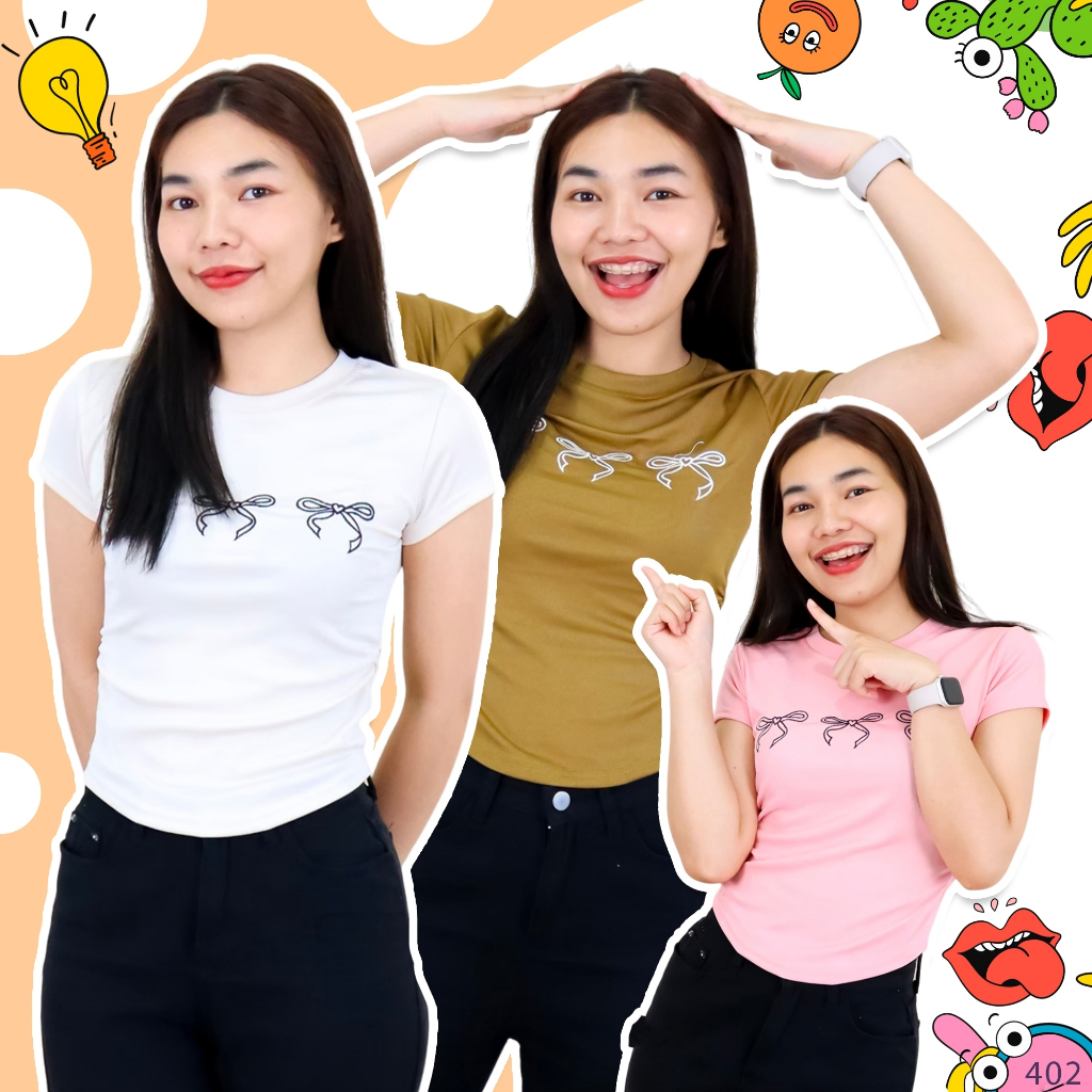 402# เสื้อยืด คอกลม จีบข้าง ทรงเข้ารูป ปักลายโบว์ น่ารัก แมทช์ง่าย ใส่ได้กับทุกลุค