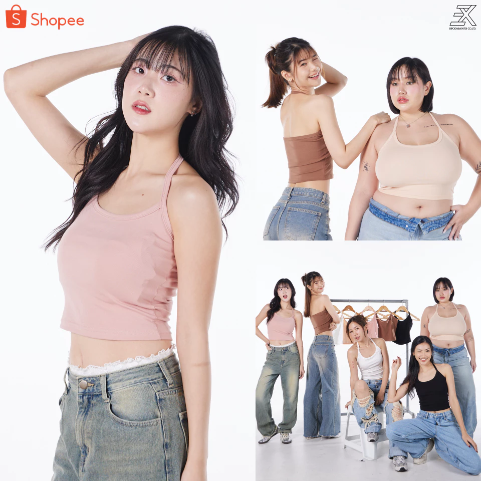 Expogarment เสื้อครอป คล้องคอ เปิดหลัง ผ้ายูนิ Spandex ยืดได้ถึงรอบอก 44 นิ้ว เอวลอย crop UN005