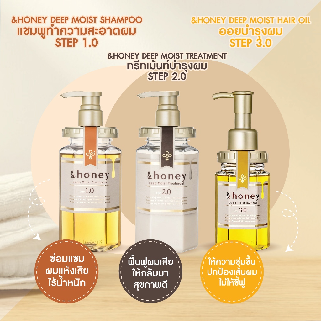 พร้อมจัดส่ง 3 สเต็ป &HONEY DEEP MOIST SHAMPOO 440ml /TREATMENT 445g /HAIR OIL 100ml