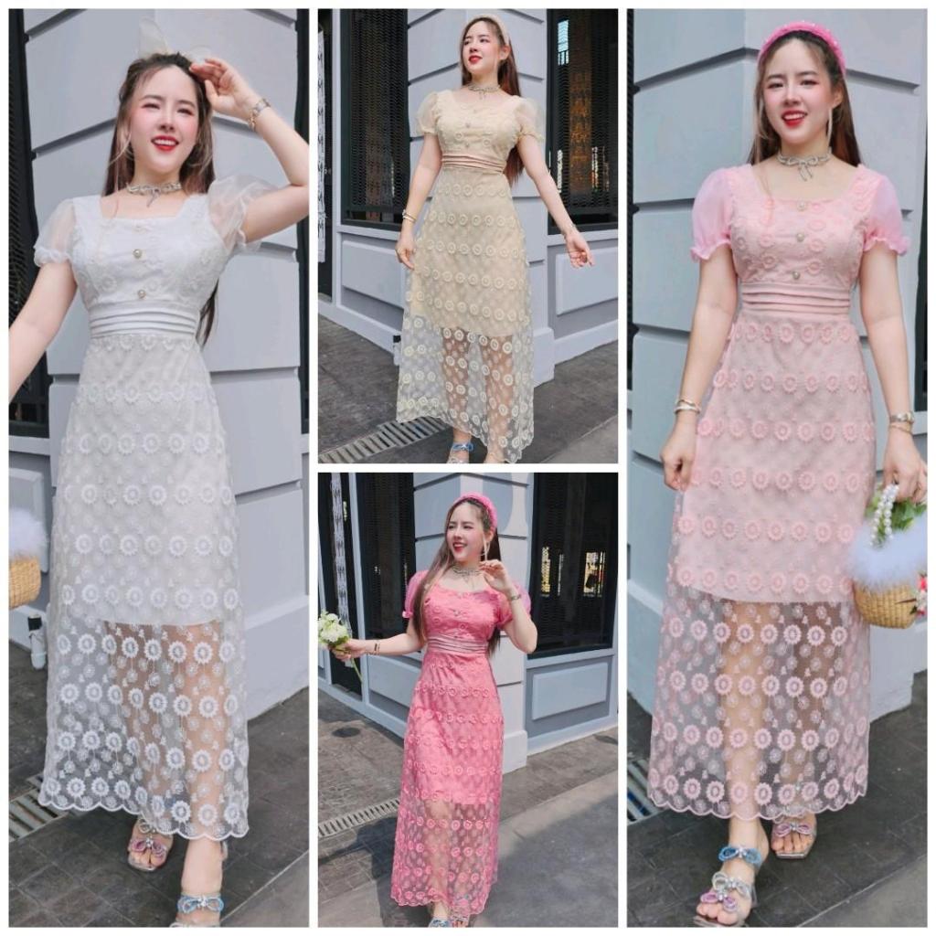 เดรสยาวลายผ้าลูกไม้วงกลม สีสวยหลายสี เสื้อผ้า ผู้หญิง Clothing Dress ลายดอกไม้