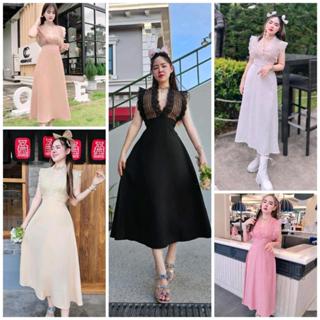 เดรสกระโปรงยาว แต่งลูกไม้หน้าอก เสื้อผ้า ผู้หญิง Clothing Dr…