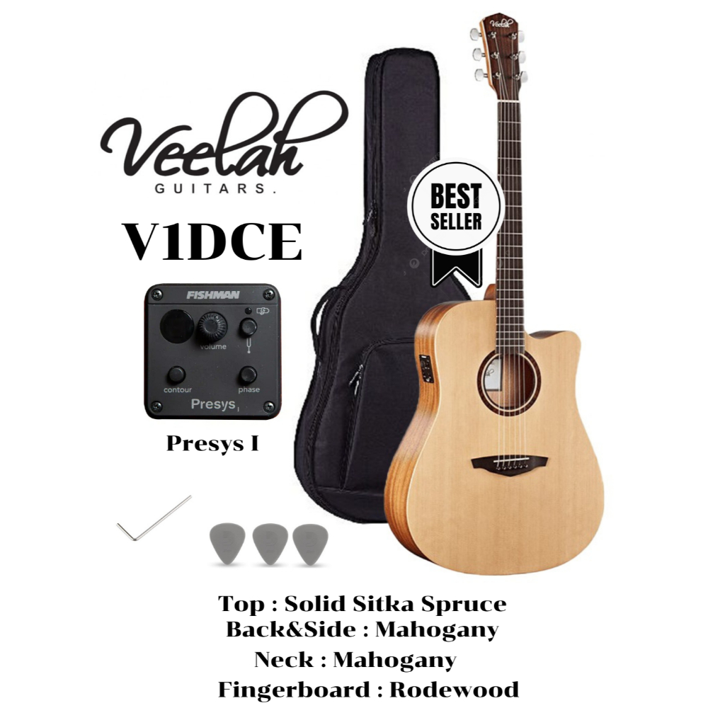 Veelah กีต้าร์โปร่งไฟฟ้า 41" Top Solid Acoustic Electric Guitar 41" รุ่น V1DCE พร้อมกระเป๋าหนา