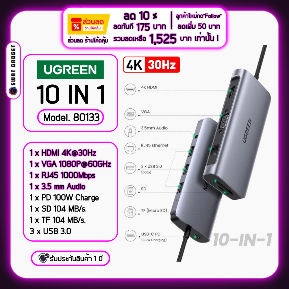 [Pre-Order] Ugreen 10 in 1 USB C To HDMI VGA USB HUB Model 80133 สำหรับ MacBook iPad Pro iPad Air SW