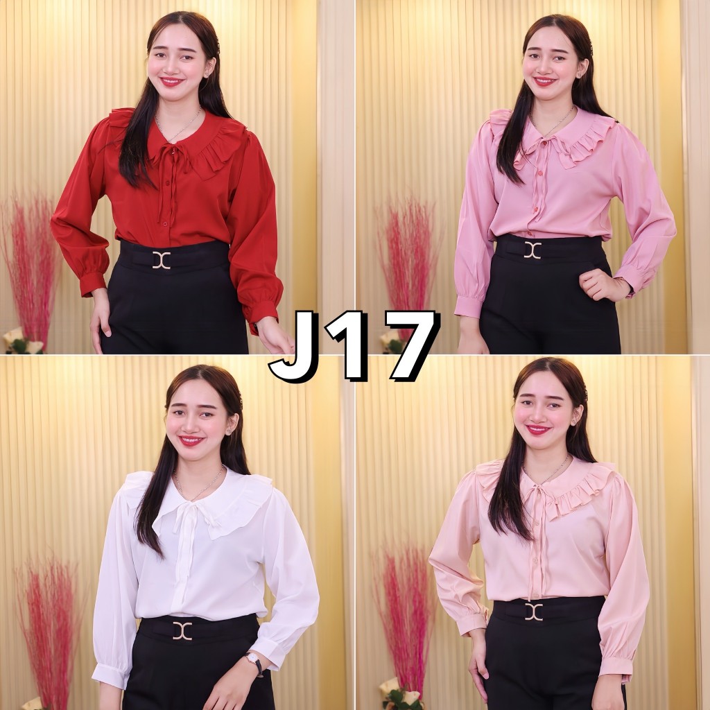 Richstyle-j17เสื้อเบลาส์สำหรับผู้หญิง แขนยาวคอปกแหลมกระดุม