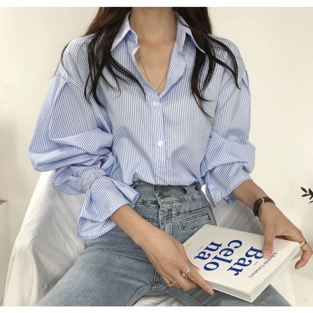 Dahong 💖W432 เสื้อเชิ้ตแขนยาวผู้หญิง ลายทางแนวตั้ง ทรงหลวม  ใส่ทำงาน สไตล์เกาหลี สําหรับผู้หญิง