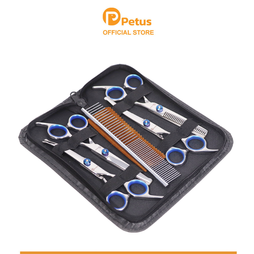 Petus กรรไกรตัดขนสัตว์เลี้ยง ชุดกรรไกรตัดขนสุนัข 7in1 สำหรับตัดขนสุนัขและแมว pet scissors