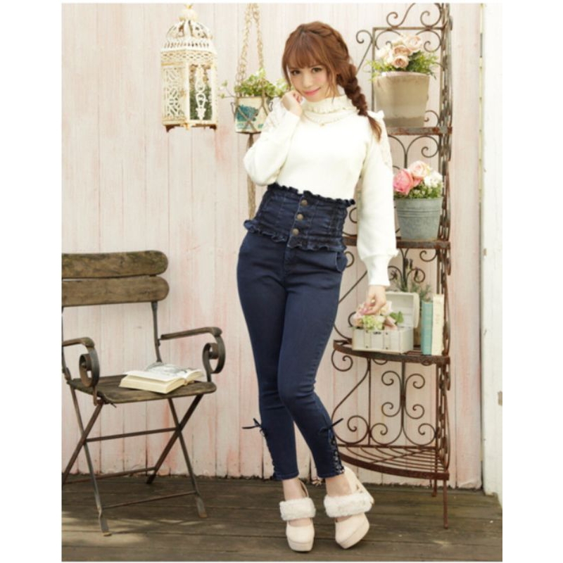 กางเกงยีนส์ เอวสูง lizlisa สีเข้ม มีเชือกร้อยเอวและปลายขา สวยมาก