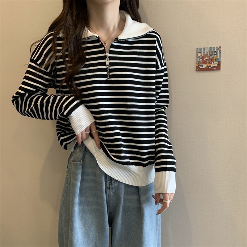 เสื้อไหมพรหมลายทาง เสื้อกันหนาวแขนยาว คอปกโปโล ทรงหลวม แต่งซิปครึ่ง แฟชั่นฤดูใบไม้ร่วง สําหรับผู้หญิง