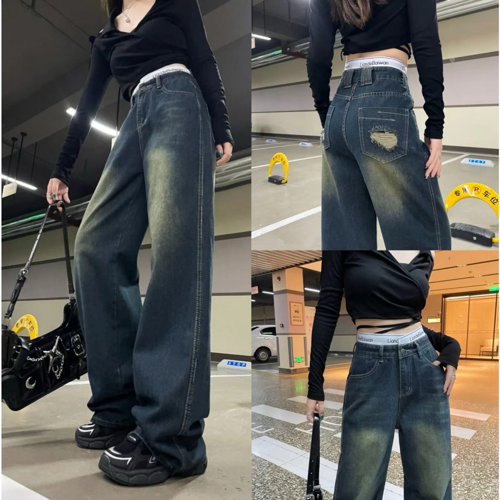 A sheep_shop กางเกงยีนส์ขายาวเอวสูงทรงกระบอก แต่งขาดขอบเอวและกระเป๋าด้านหลัง วินเทจ แนวสวยสุดฮิตวัยรุ่นมากๆ - รูปที่ 2