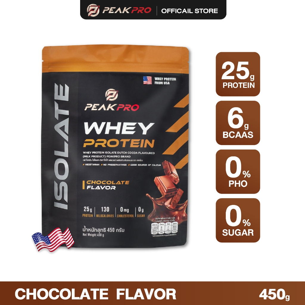 (ส่งฟรี ใส่โค้ดลดเพิ่ม) PeakPro Whey Protein Isolate 450g Chocolate flavoured เวย์โปรตีน ไอโซเลท รสช็อคโกแลต