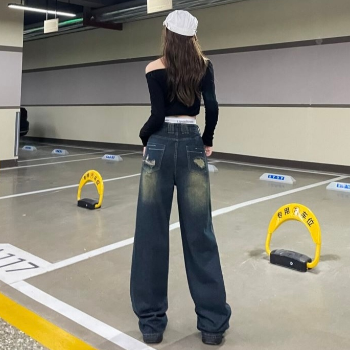 A sheep_shop กางเกงยีนส์ขายาวเอวสูงทรงกระบอก แต่งขาดขอบเอวและกระเป๋าด้านหลัง วินเทจ แนวสวยสุดฮิตวัยรุ่นมากๆ - รูปที่ 5