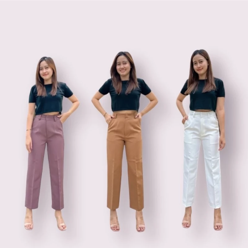 (NT 9)กางเกงทรงบอยเอวสูง กระบอกเล็ก 9 ส่วน (Size S-36) เเต่งตะขอหน้า