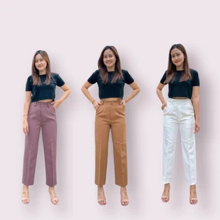 (NT 9)กางเกงทรงบอยเอวสูง กระบอกเล็ก 9 ส่วน (Size S-36) เเต่งตะขอหน้า
