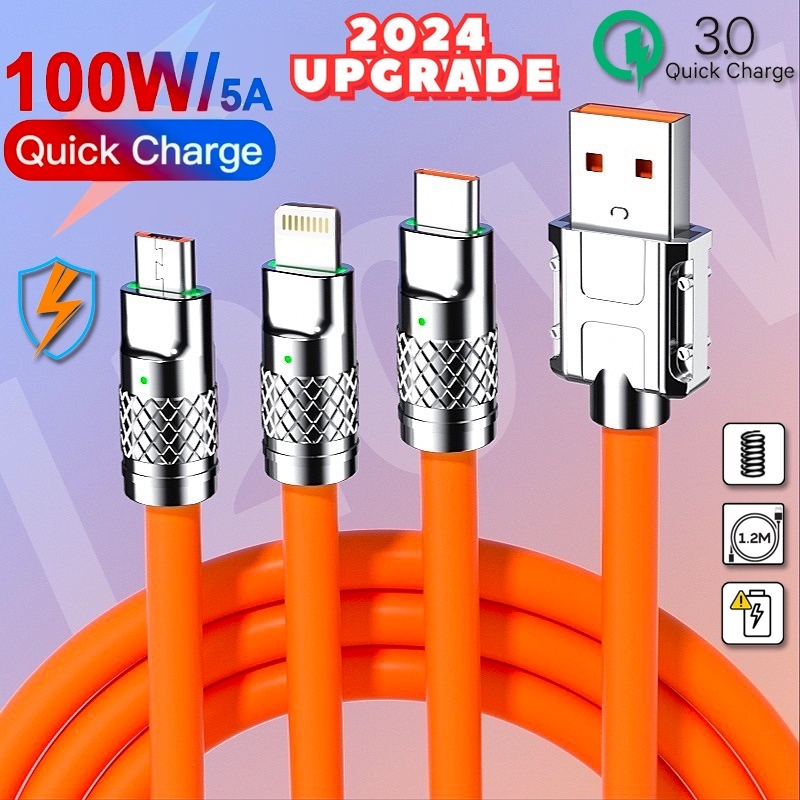 ดีที่สุด3 in 1 สายชาร์จ โลหะผสมสังกะสี 120W 6A ชาร์จเร็วมาก USB สําหรับ Micro Type-C พร้อมไฟแสดงสถาน