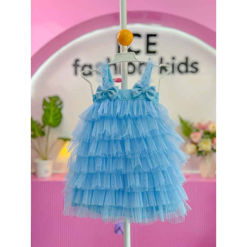 (พร้อมส่ง 1-4 ปี) ชุดเดรสเด็กผู้หญิงสีฟ้าอ่อน แต่งระบาย 7 ชั้น