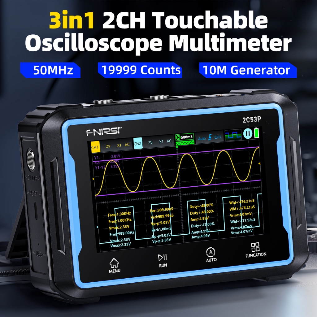 FNIRSI 2C53P ออสซิลโลสโคปหน้าจอสัมผัส + มัลติมิเตอร์ + กำเนิดสัญญาณ 3IN1 2CH 50MHz