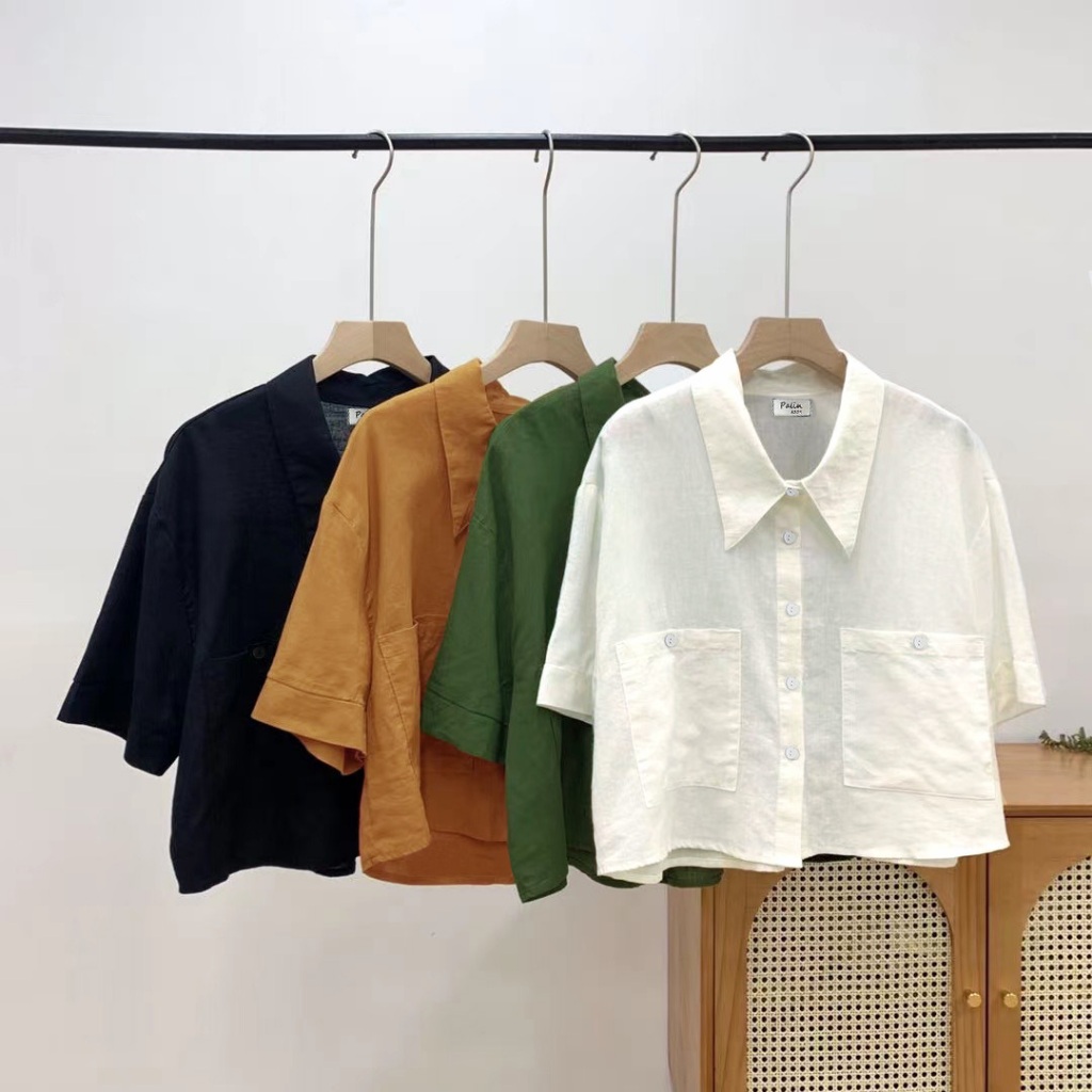 S373 - เสื้อผ้าฝ้ายคอปกเชิ้ต โอเวอร์ไซส์ แขนสั้น