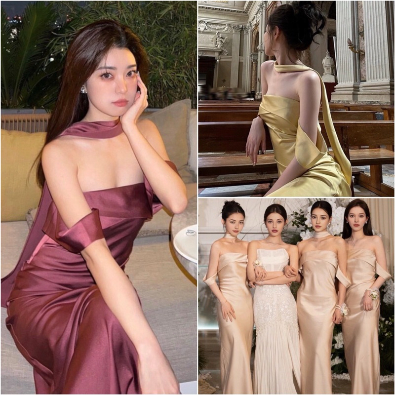 เดรสซาตินปาดไหล่ แถมผ้าพันคอเป็นโชคเกอร์คอ เพิ่มความสวยอลัง ดูแพง