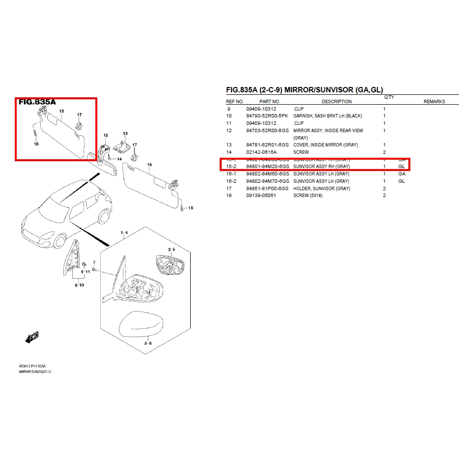 84801-84M20-6GS	ที่บังแดดด้านขวา (แบบมีกระจก) Swift2018
