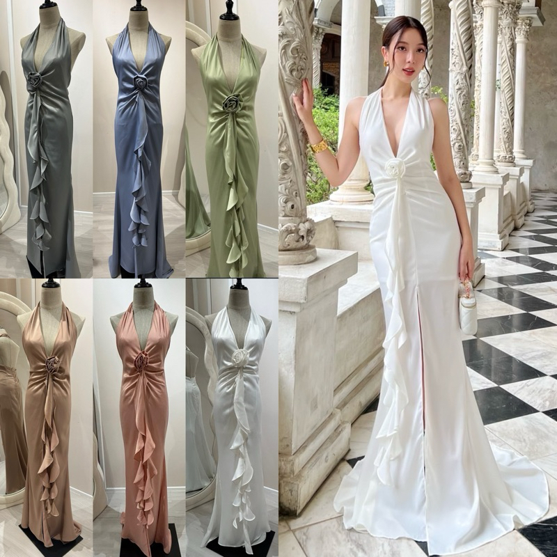 ชุดราตรียาว คล้องคอ คอวี แต่งกุหลาบ s-6xl