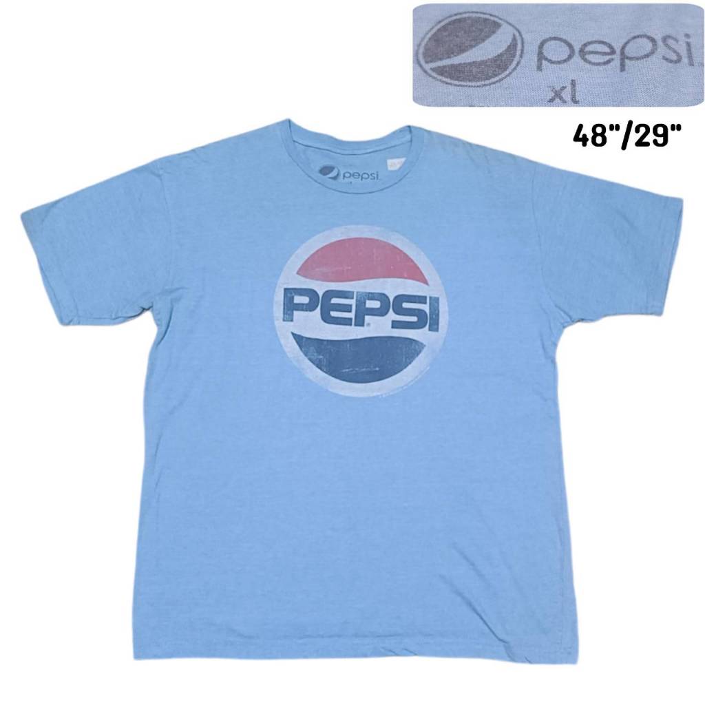 PEPSI SHIRT เสื้อยืดคอตตอลแขนสั้น เป๊ปซี่ สีฟ้า ป้ายคอไซส์ XL มือสอง สภาพดี