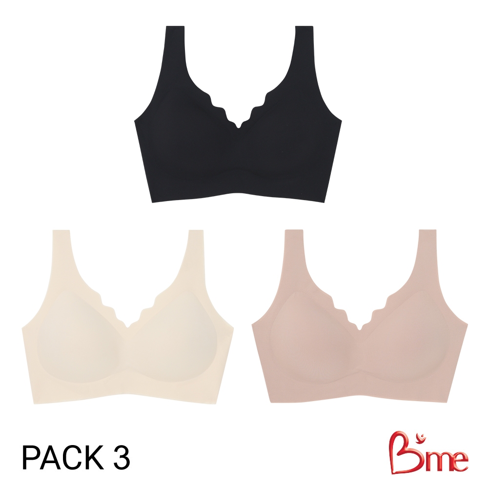 B'me เสื้อชั้นในไร้ขอบไร้ตะเข็บ รุ่น ME1A2B (แพ็ก3ตัว คละสี )สีเบจ สีดำ สีครีม, สีเบจ สีครีม สีเขียว (ฟรีไซซ์)