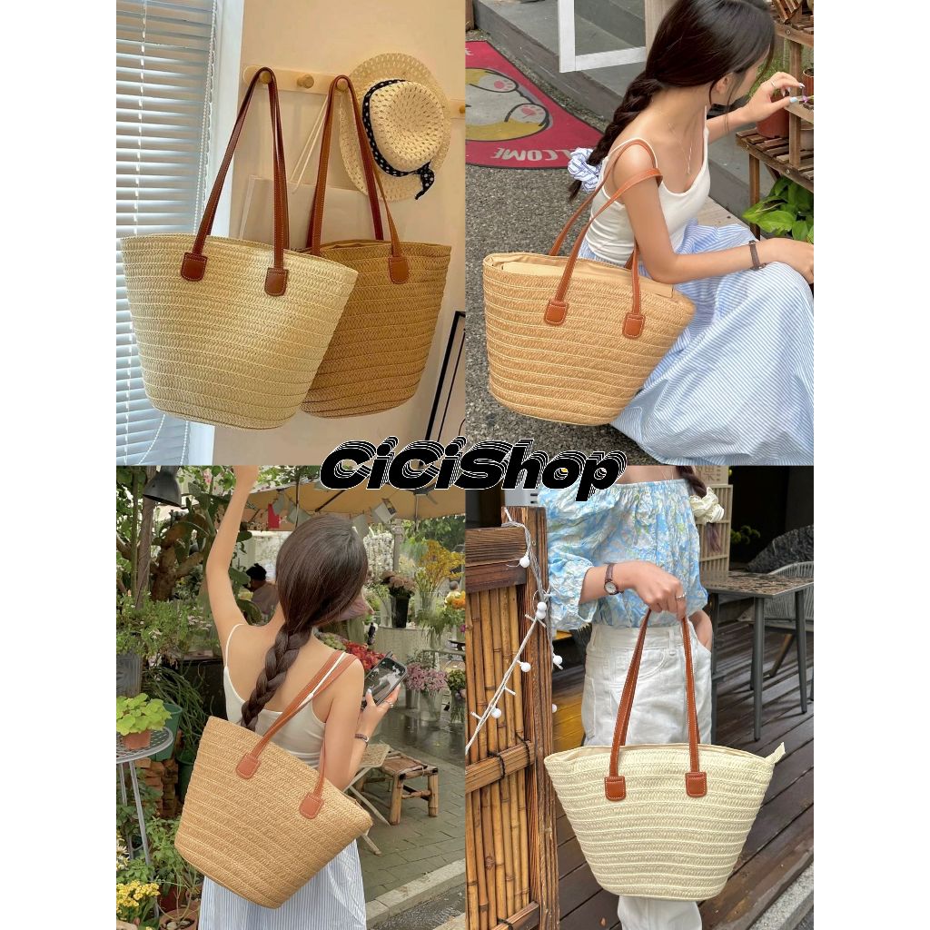 Cicishop (A132) กระเป๋าสาน สายหนัง มีซับผ้าด้านใน จุของได้เยอะ มีซิปรูดปิดกระเป๋า สีสวย งานดี