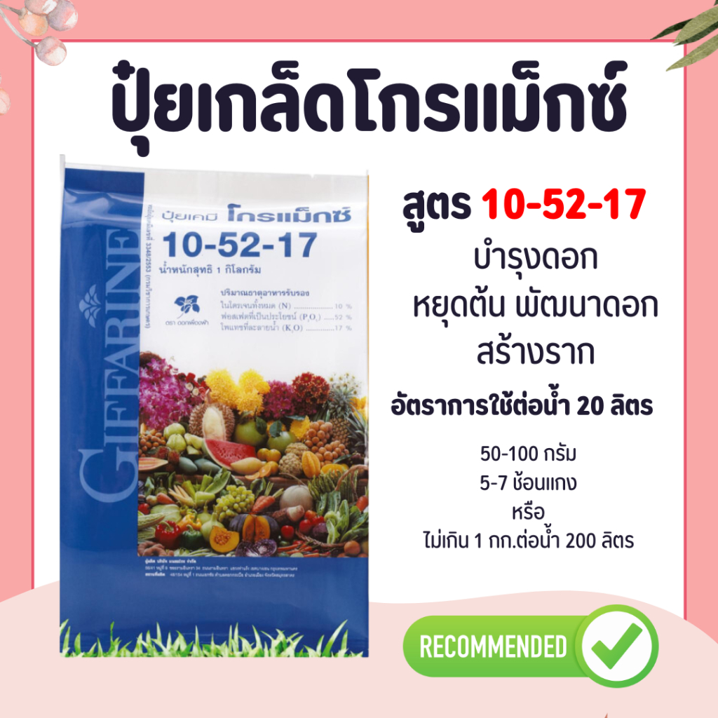 ปุ๋ย ปุ๋ยกิฟฟารีน ปุ๋ยเกล็ด 10-52-17 ปุ๋ยโกรแม็กซ์ สูตร ฟอสฟอรัสสูง หยุดต้น สวน สร้างดอก พัฒนาราก