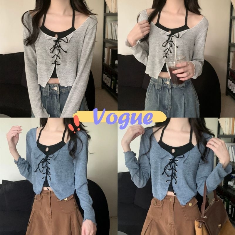Vogue พร้อมส่ง เสื้อคาร์ดิแกนโปร่งใส+เสื้อสายเดี่ยว ชุดสองชิ้น แนวโน้มแฟชั่น (M014)