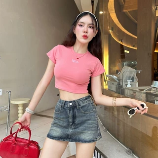 🌈SpinnyHouse🌈ครอปคอกลมแขนสั้น ผ้ายืดยูนิโค่ ทรงเบบี้ที 🌺 ผ้ายืดเยอะสาวอวบใส่ได้ รุ่น ครอปAngel B-008-4-A