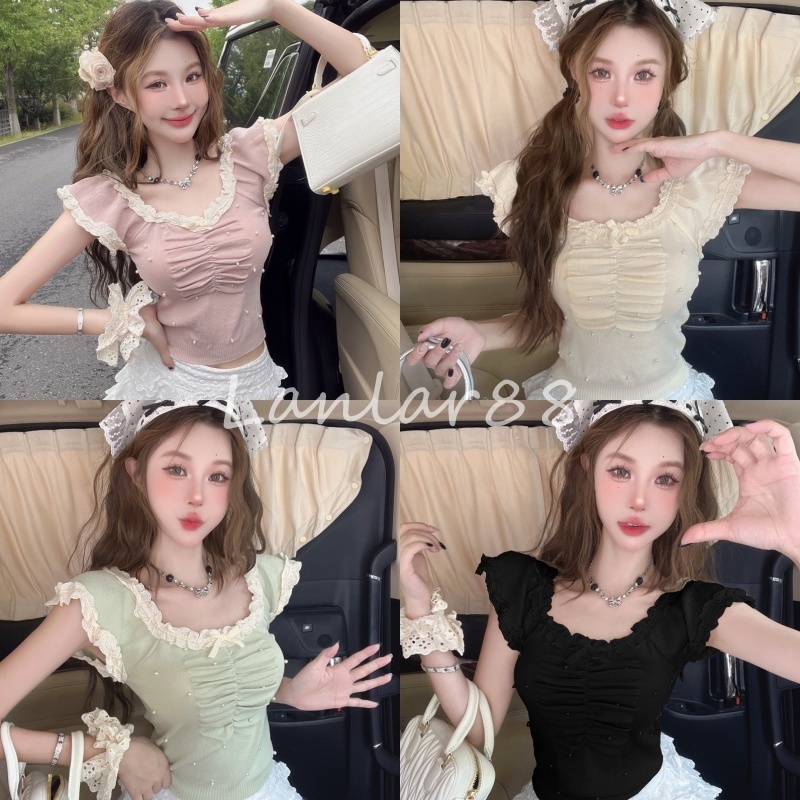 ส่งจากไทย เสื้อไหมพรมเนื้อดี แต่งมุก แขนระบาย สวมใส่สบาย #B293