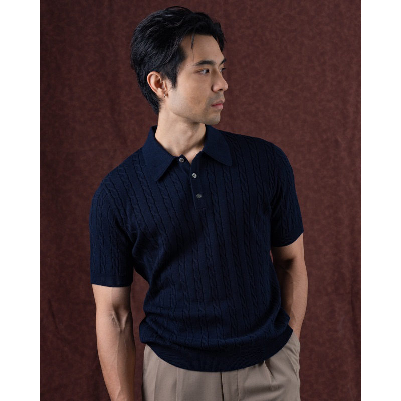 [ Pre-orderบางสี สินค้าจัดส่งวันที่ 6/5/69 ]  MadetoMature Cable Knitted Polo - Navy เสื้อโปโลทอลาย สีกรม
