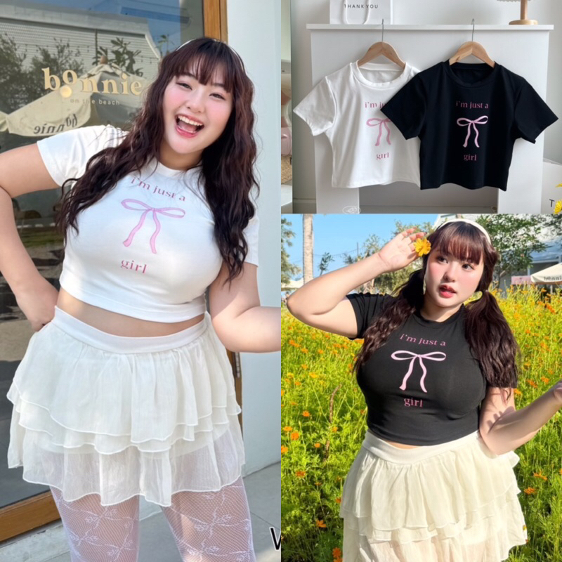 im just a girl tee เสื้อครอปคอกลมสกรีนลายริบบิ้น สาวอวบไซส์ใหญ่ (มีไซส์อก34-48)