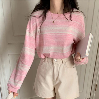 FASHION.61💗 เสื้อยืดเเขนยาว ลายทาง เนื้อผ้าดีผ้ายืด ไม่ร้อน ทรงหลวม รุ่นW6917
