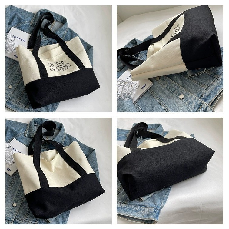 ifashionbag(IF2104) กระเป๋าผ้าแคนวาสสะพายไหล่ ใบใหญ่ มีช่องใส่ของด้านหน้าRUN