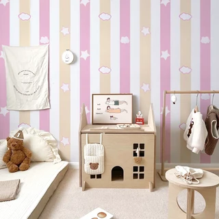 (ส่งทันที) Wall Kip วอลเปเปอร์ ติดผนัง สติ๊กเกอร์ โทนชมพู ลายทาง กาวในตัว ติดง่าย