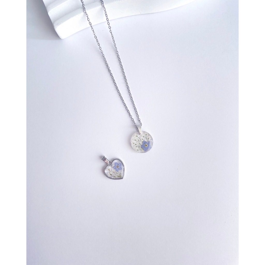 YAMON Lovely heart Forget me not & Ammi majus สร้อยคอดอกฟอร์เก็ตมีน็อต&เอมิมาจัส สร้อยคอสแตนเลส จี้ดอกไม้จริง