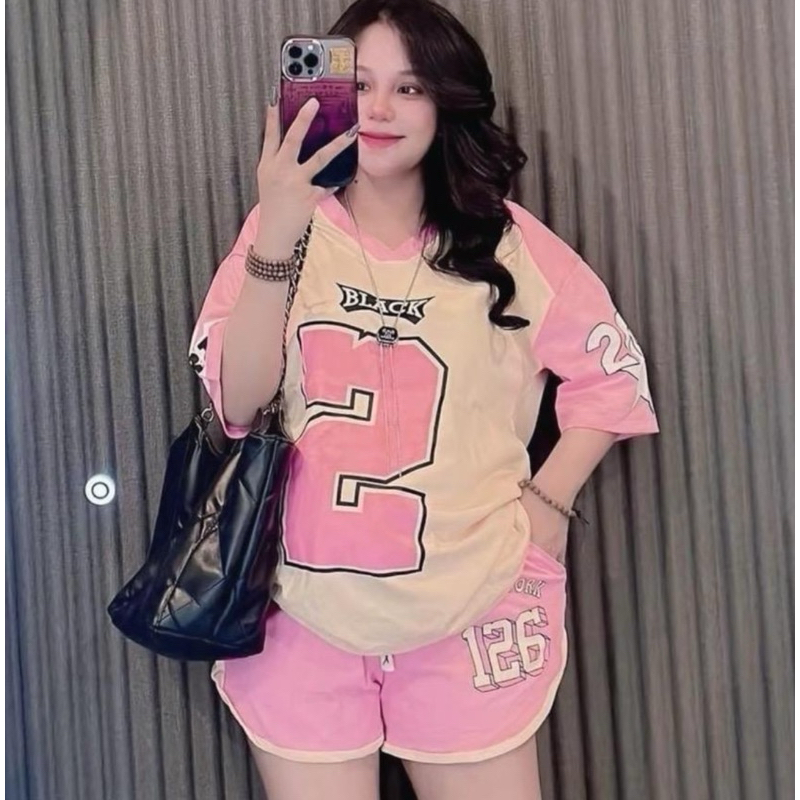 ( Set1 ) ชุดเซ็ทเสื้อยืด + กางเกงขาสั้นสายฝอ ผ้ากีฬา สาวอวบ