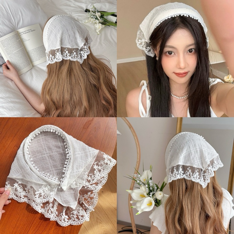 พร้อมส่ง🌻PP ที่คาดผม Lace Vintage ลายลูกไม้ สีขาว แต่งระบาย ผ้าโพกหัว ทรงสามเหลี่ยม น่ารัก สดใส ใส่ไปทะเล คาเฟ่ 26024