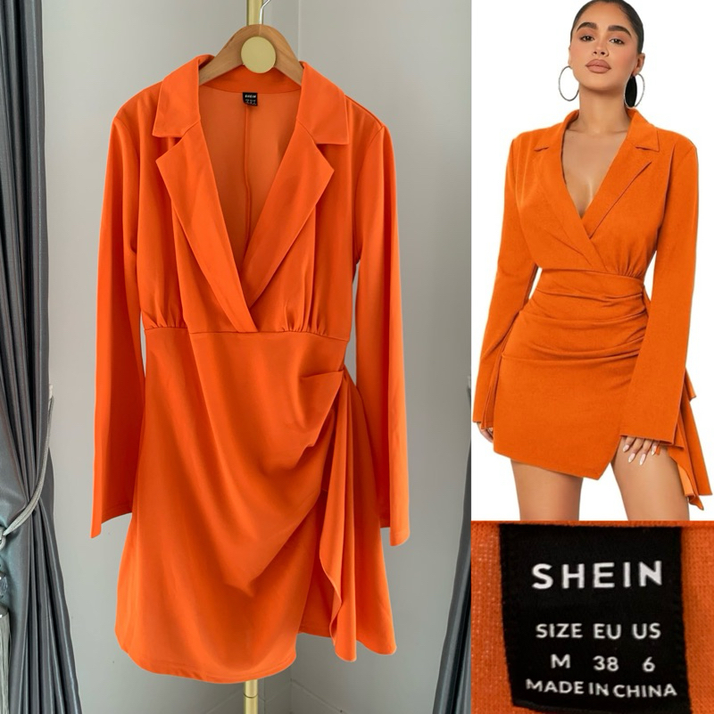 SHN SXY Lapel Neck Ruched Wrap Hem Dress เดรสสีส้มคอปกแต่งระบายด้านข้าง สวยมาก