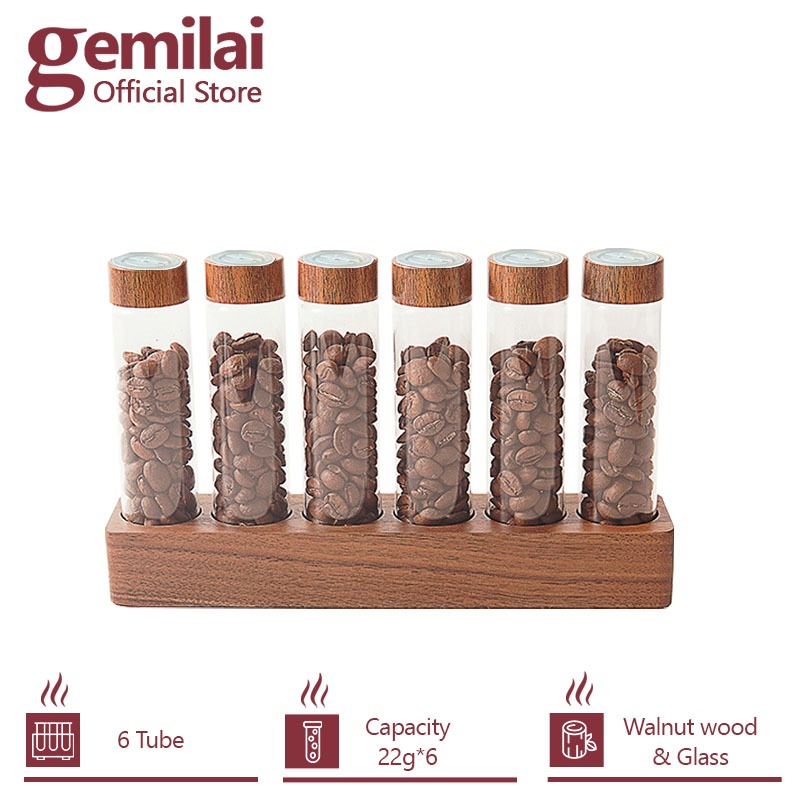 Coffee Bean Display Rack with 6 Sealed Tube Bottle Walnut Wood Sealed Storage Tank