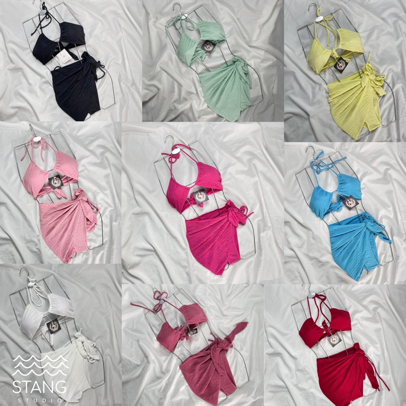 ชุดว่ายน้ำ 3 ชิ้น บิกินี่ตัวยู + ผ้าคลุม บราบนใส่ได้หลายแบบ มี9 สี