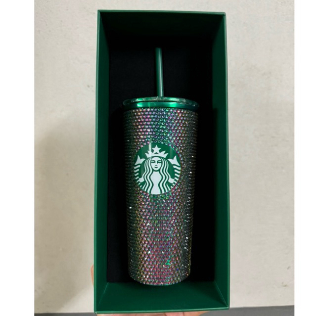 Starbucks Stainless Steel Bling Green Rhinestone Cold Cup 16oz Thailand exclusive