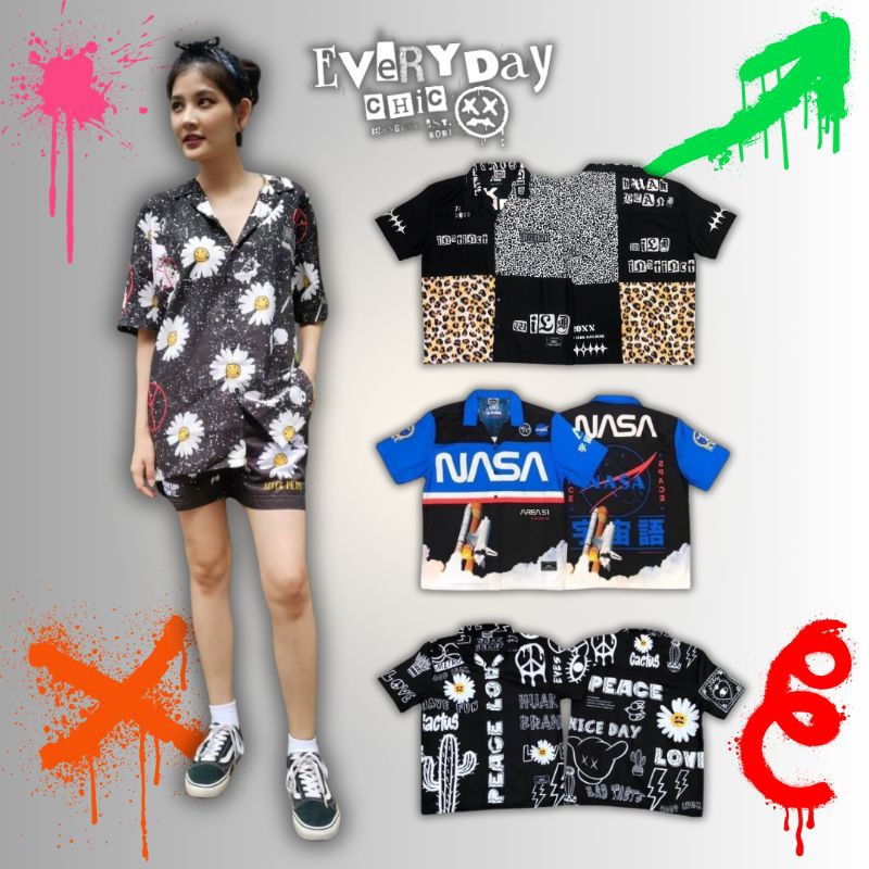 ชุดเซท​ เชิ้ต​ กางเกง​ เดซี่ นาซ่า ทรง Oversize พิมพ์ลาย แบรนด์ Huak Brand
