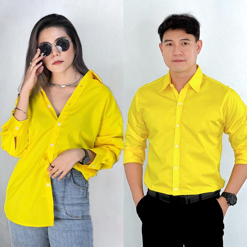 takayay brand เสื้อเชิ้ต สีเหลืองเลม่อน 36-54 นิ้ว เสื้อเชิ้ตสีเหลือง ผ้าคอตตอนทวิล