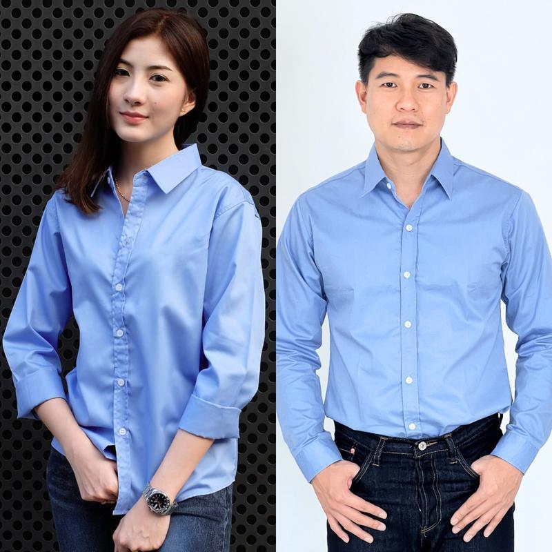 takayay brand เสื้อเชิ้ต สีฟ้าพื้นเบสิค 36-54 นิ้ว เสื้อเชิ้ตแขนยาวสีฟ้า ผ้าคอตตอนทวิล