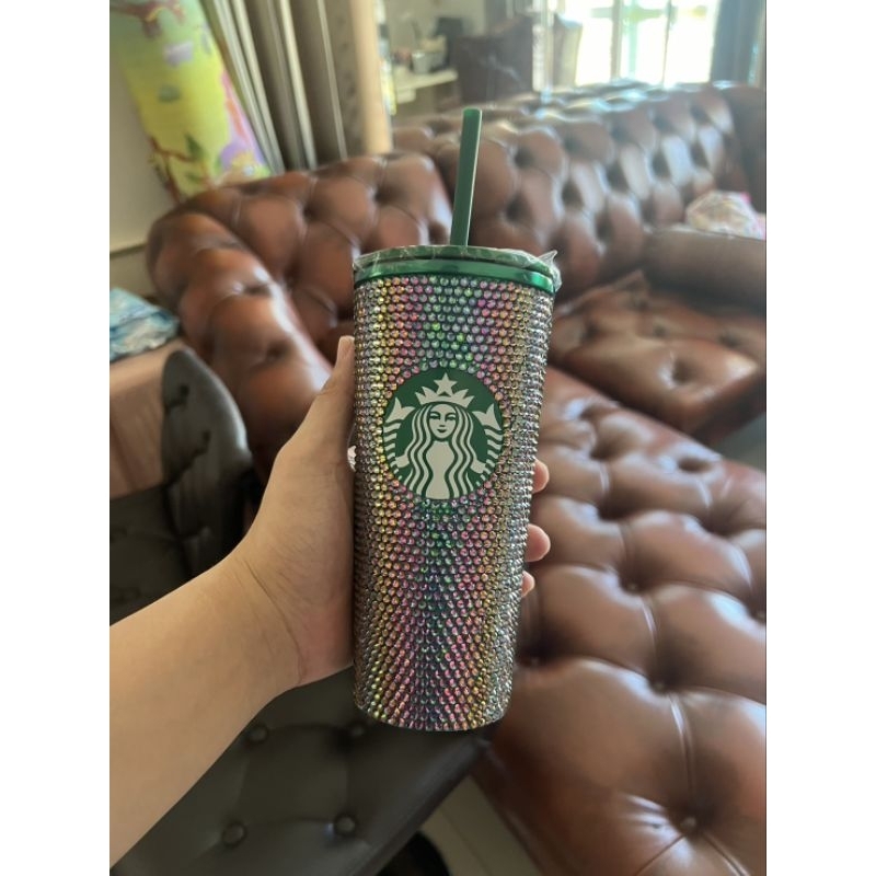 Starbucks Stainless Steel Bling Green Rhinestone Cold Cup 16oz. ทัมเบลอร์สตาร์บัคส์ส